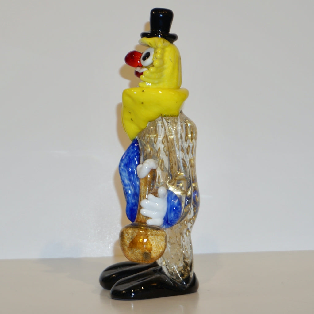 Modern Italian Yellow Black Murano Glass Clown Sculpture with Bottle & Blue Tie