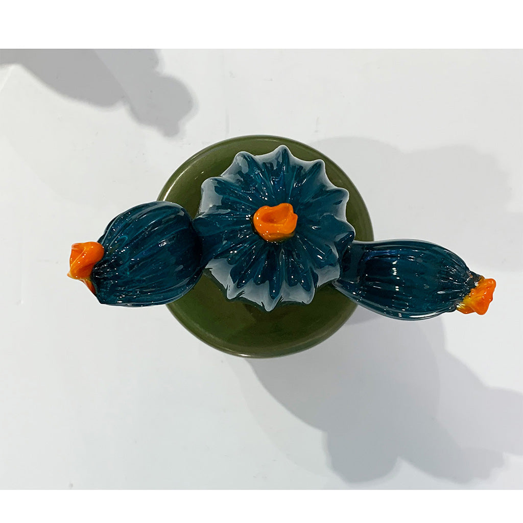 2000s Italian Teal Green Gold Murano Art Glass Cactus Plant with Orange Flowers