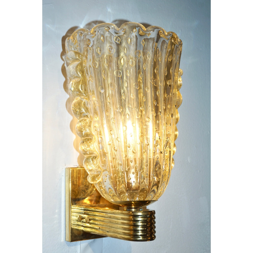 Contemporary Italian Art Deco Design Crystal Gold Leaf Murano Glass Bowl Sconces