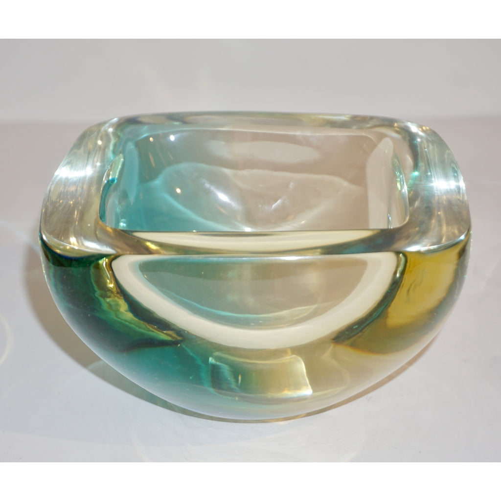 Venini 1970s Italian Square Golden Yellow and Acqua Green Murano Glass Bowl