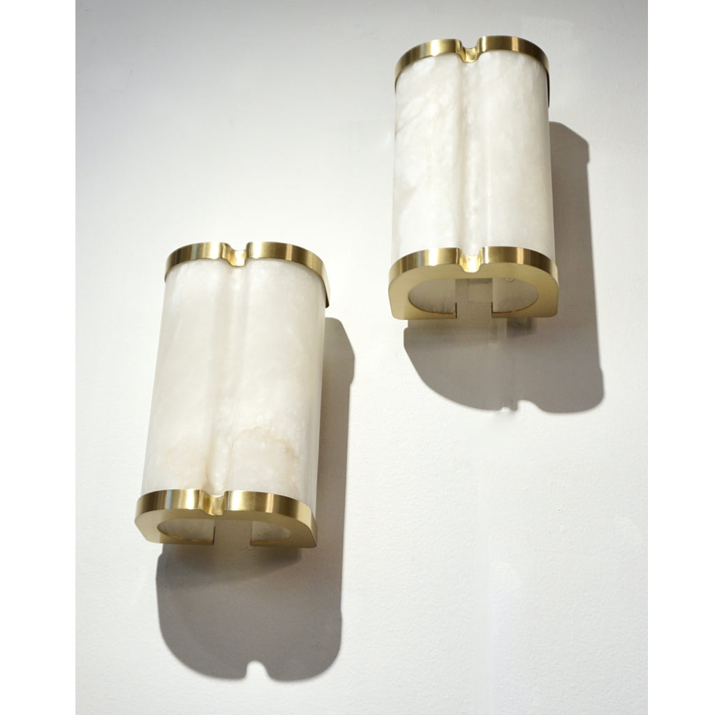 Bespoke Italian Art Deco Style Cream White Alabaster Pair of Brass Edged Sconces