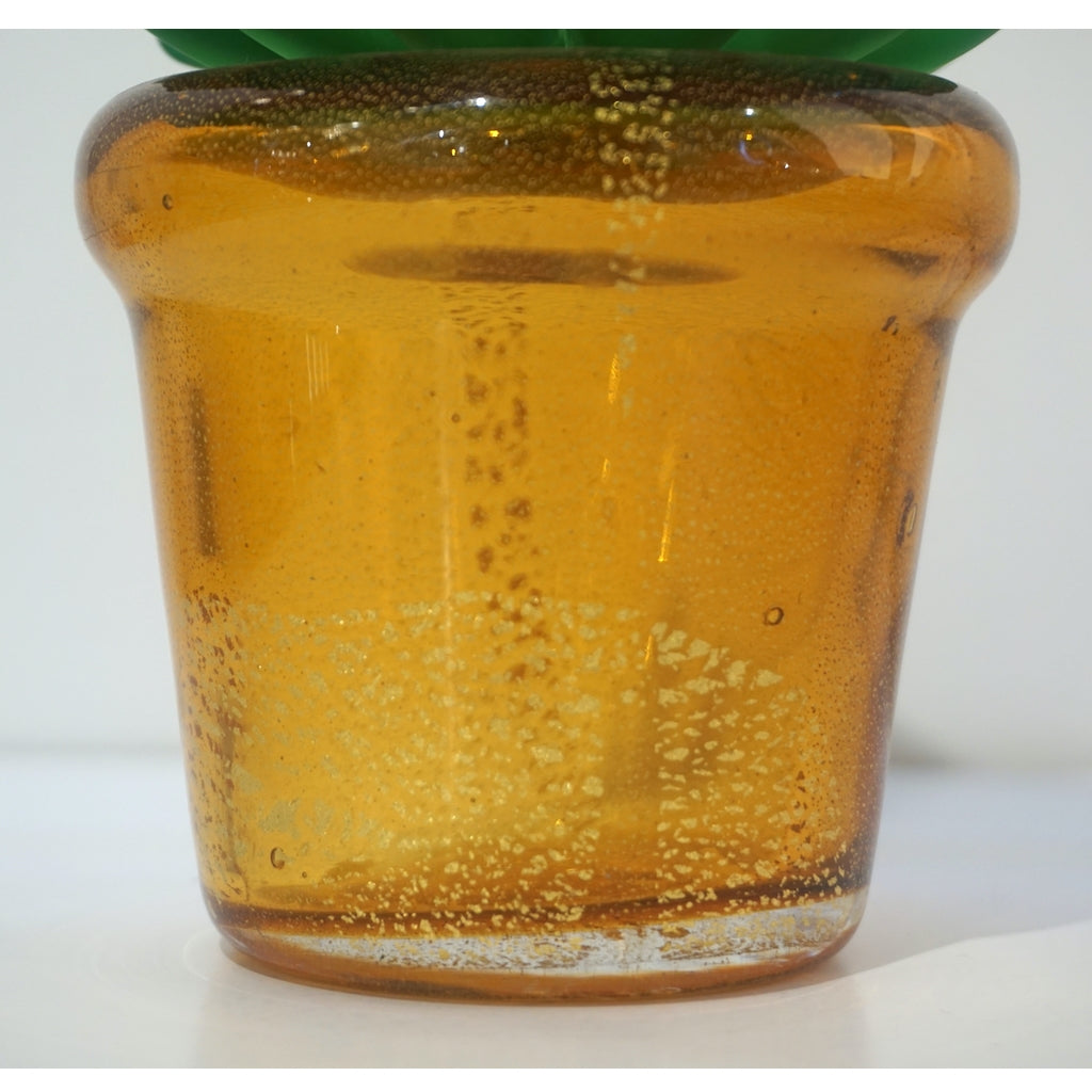 Formia 1990s Vintage Italian Green Murano Glass Cactus Plant with White Flower