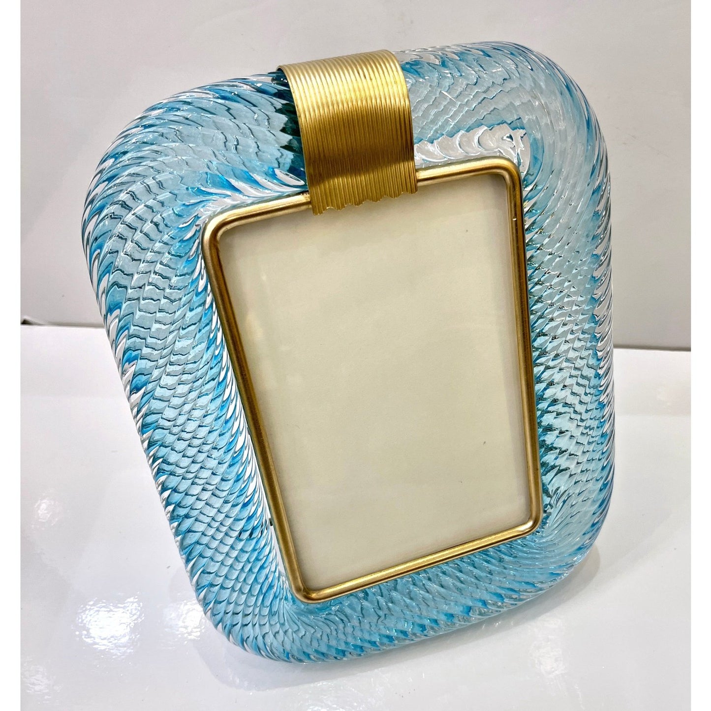 2000s Italian Vintage Aquamarine Blue Twisted Murano Glass & Brass Picture Frame