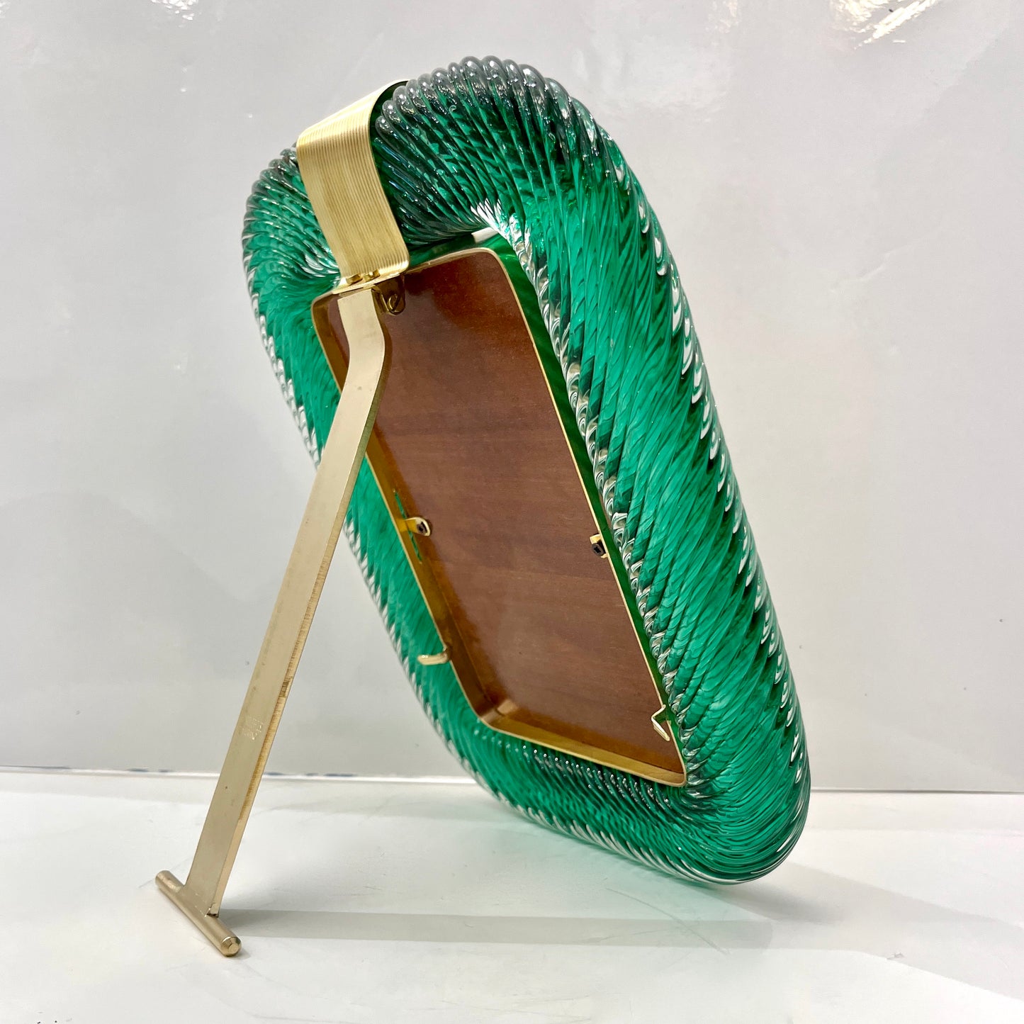 2000s Barovier Toso Italian Dark Hunter Green Murano Glass Brass Picture Frame