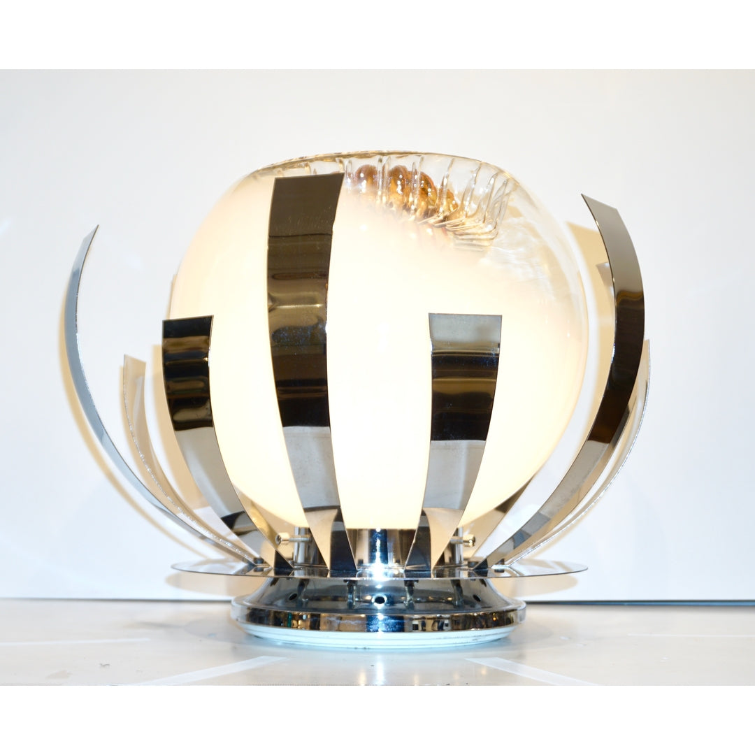 Mazzega 1960s Nickel White & Amber Murano Art Glass Flower Desk / Table Lamp