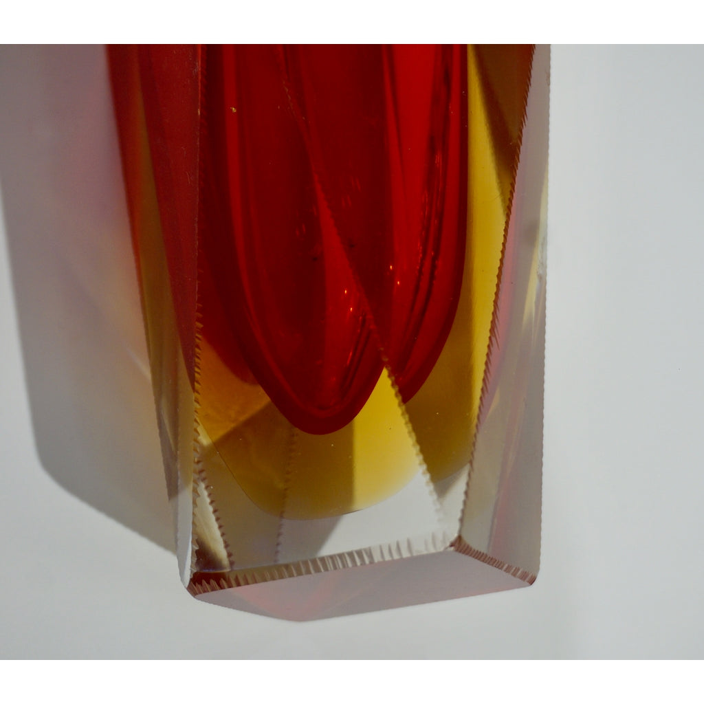 1950s Italian Vintage Seguso Yellow Red Crystal Murano Glass Multi Faceted Vase