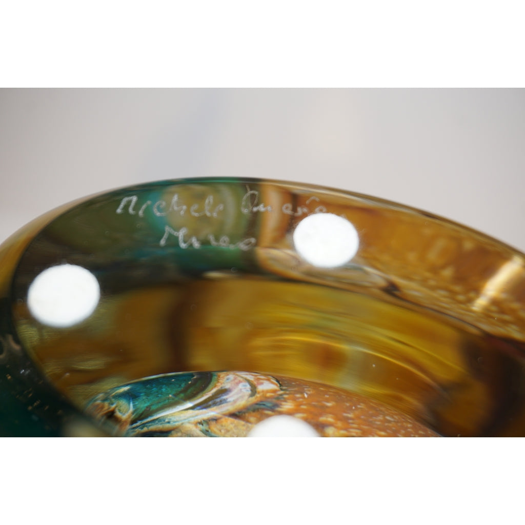 Michele Onesto 1990s Green Yellow Blue Silver Overlaid Crystal Murano Glass Vase