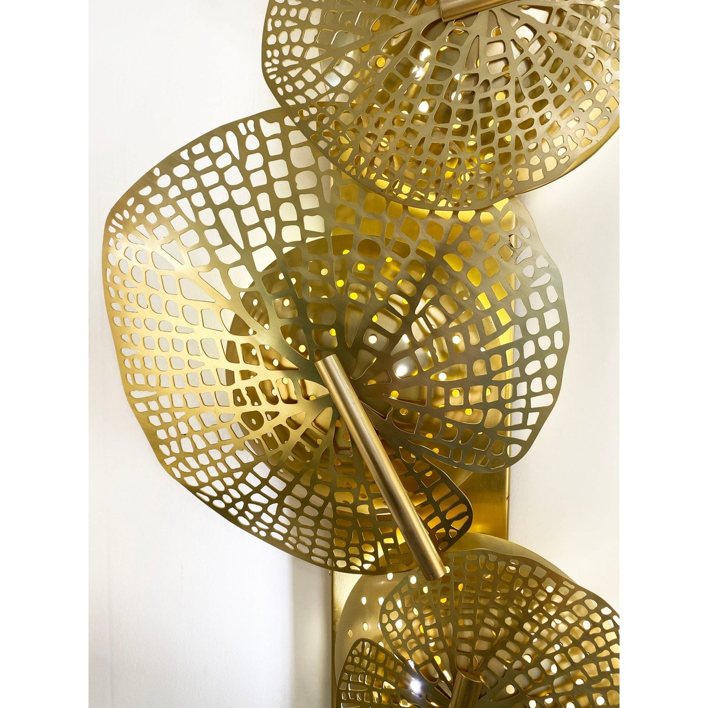 Tall Italian Organic Art Design Modern Perforated Brass Leaf Sconce
