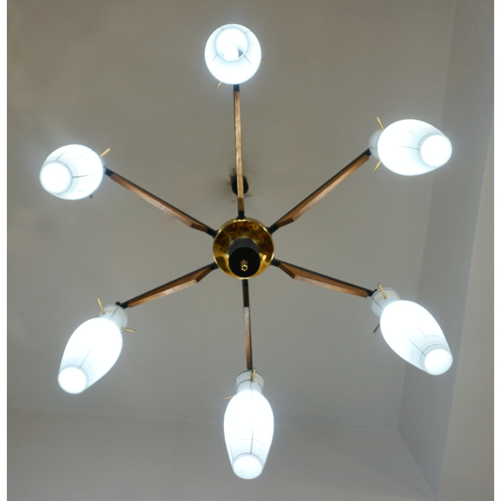 Stilnovo 1958 Italian Black Yellow White Glass 6-Light Teak & Brass Chandelier