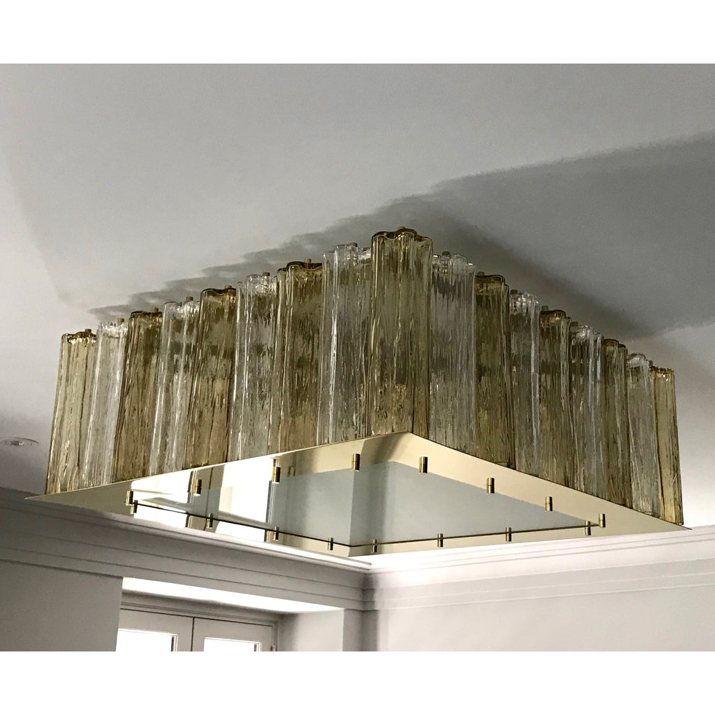 Contemporary Square Italian Crystal Amber Murano Glass Flush Chandelier/Pendant