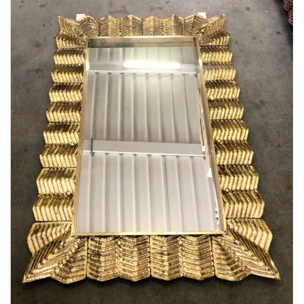 Bespoke Italian Art Deco Design Ruffled Silver Pink Murano Glass Brass Mirror