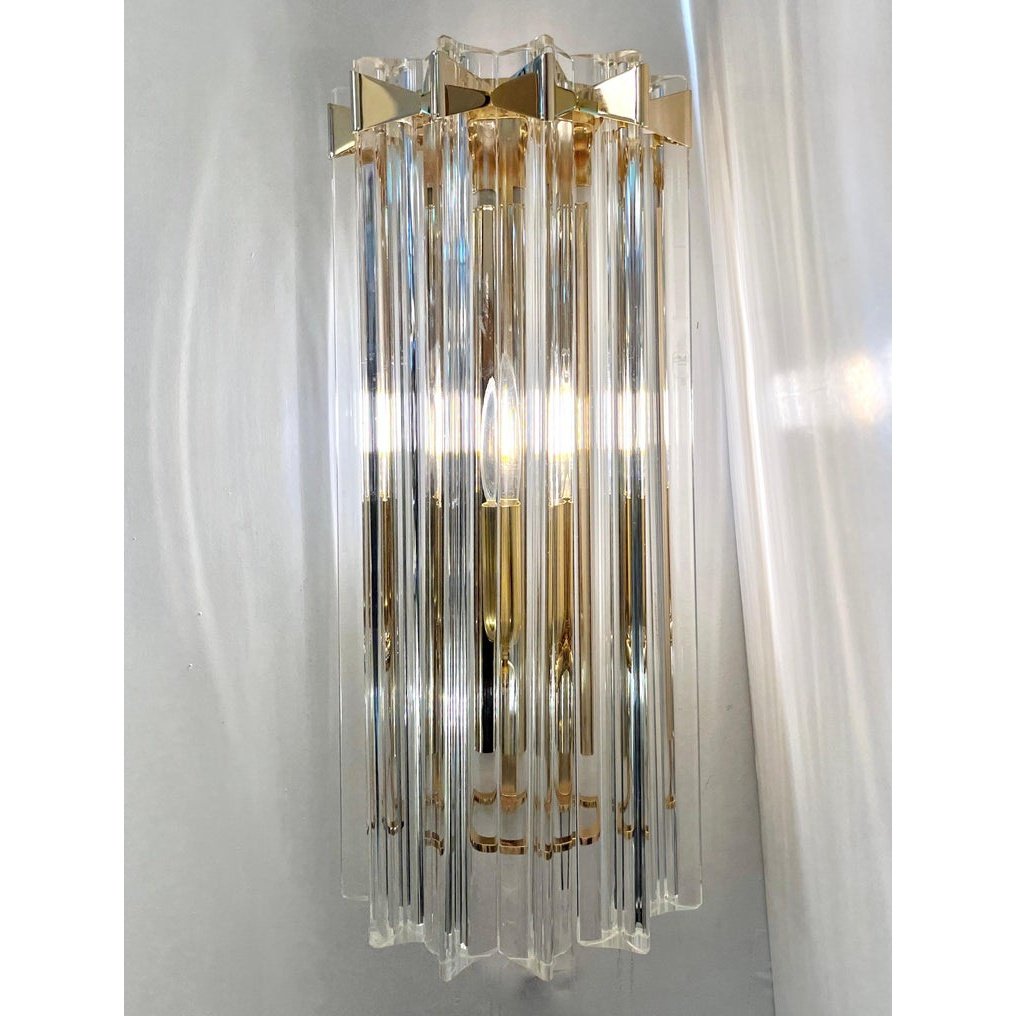 Italian Contemporary Pair of Minimalist Brass Crystal Clear Murano Glass Sconces