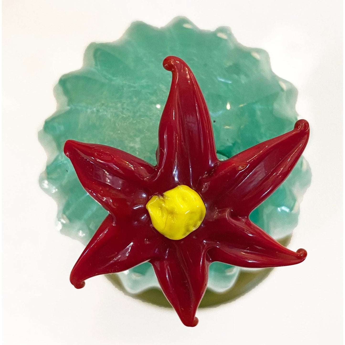2000s Italian Green Gold Murano Art Glass Cactus Plant with Red Yellow Flower