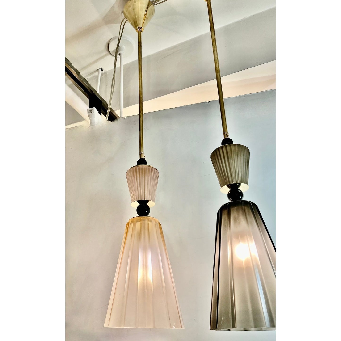 Italian Modern Set of 3 Smoked Gray, Pink, Aqua Blue Murano Glass Star Pendants