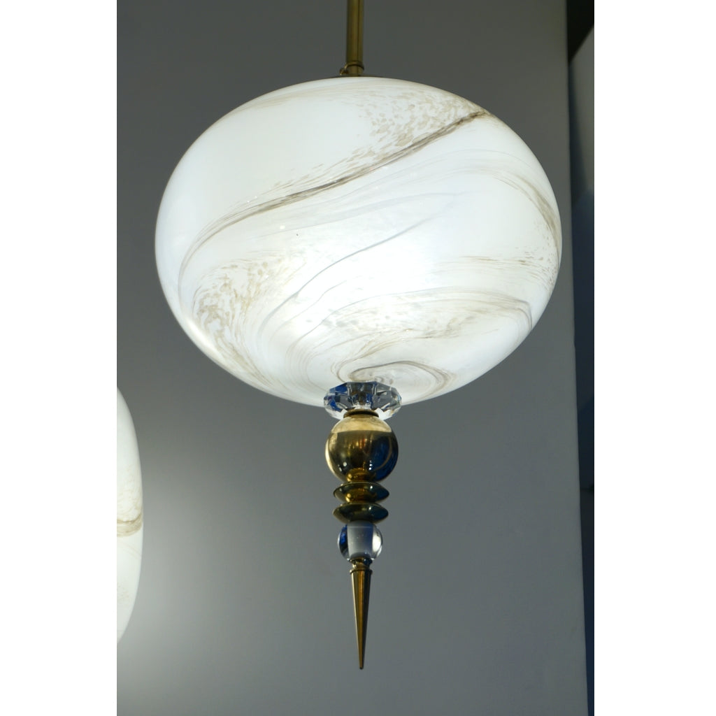 Bespoke Italian Brass and Cream White Alabaster Murano Glass Oval Pendant Light
