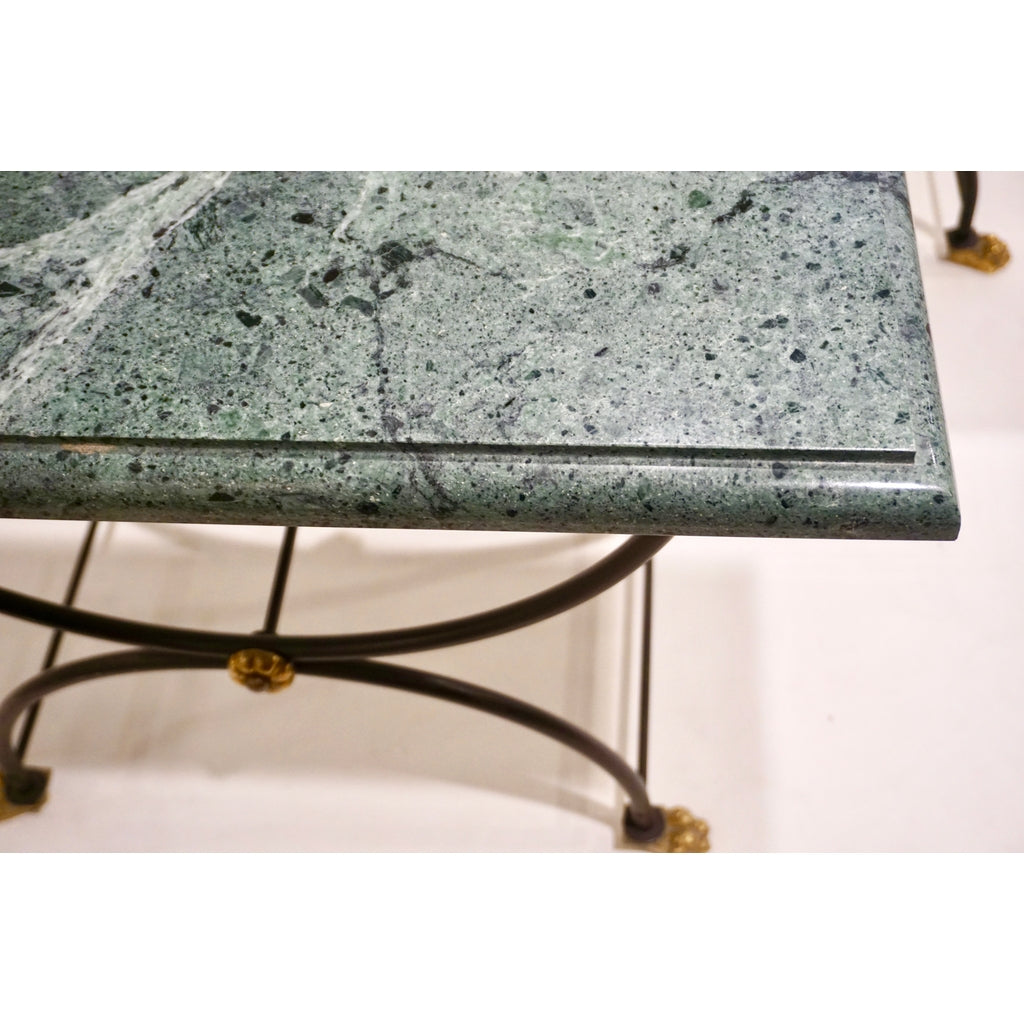 1950s Italian Antique Rustic Gold & Black Iron Green Marble Gueridon Sofa Table