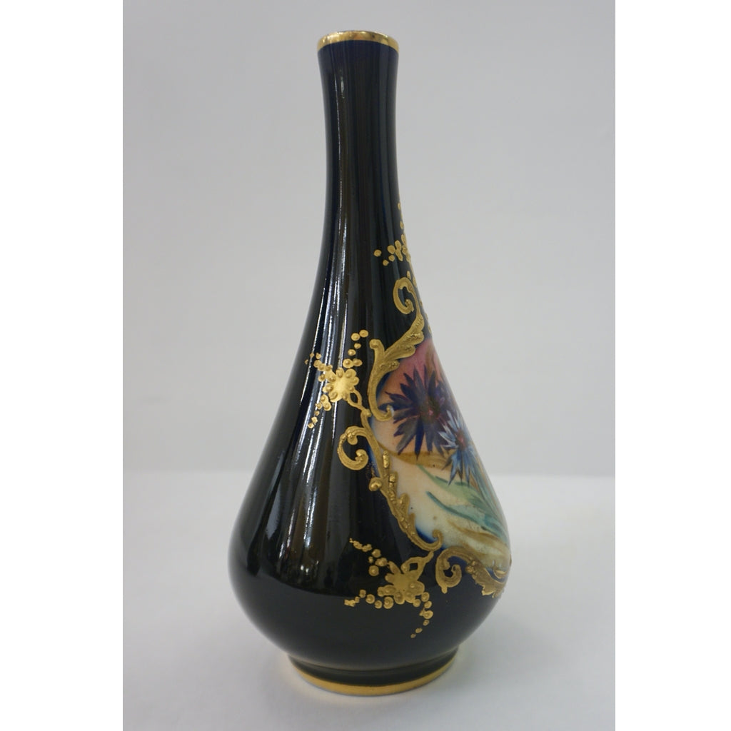 Limoges Porcelain 1930s Vintage French Pair of Cobalt Blue One Flower Vases