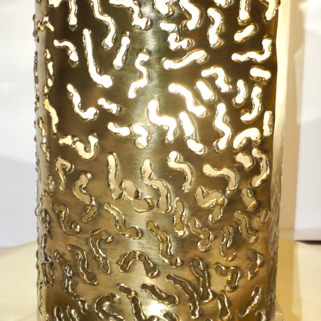 1980 Italian Brutalist Pair of Cream Beige Murano Glass Round Brass Table Lamps