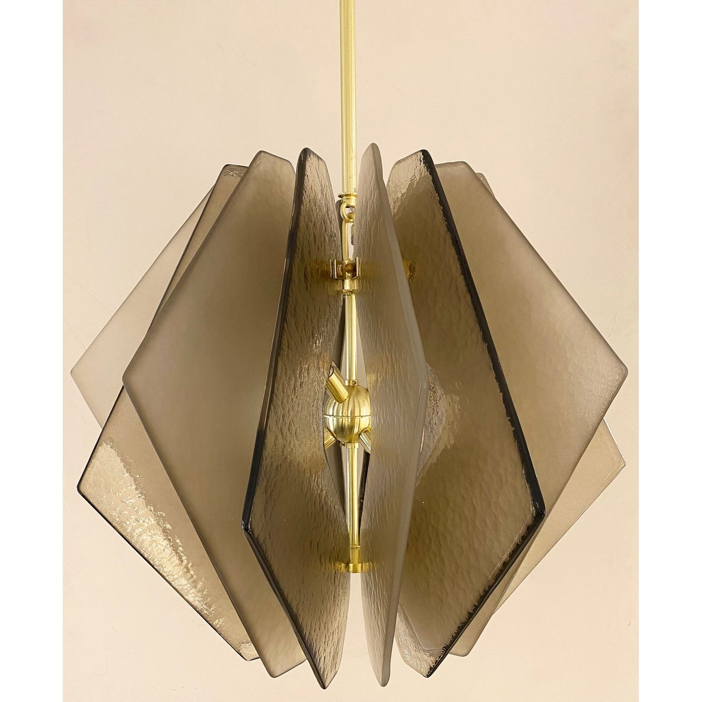 Contemporary Italian Beige Textured Murano Glass Satin Brass Pendant/Chandelier