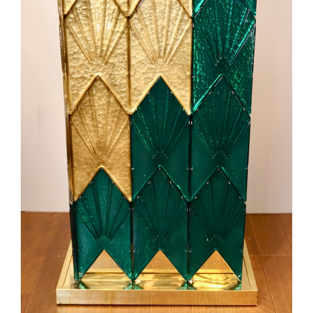 Bespoke Italian Art Deco Style Green Gold Murano Glass Brass and Wood Pedestals