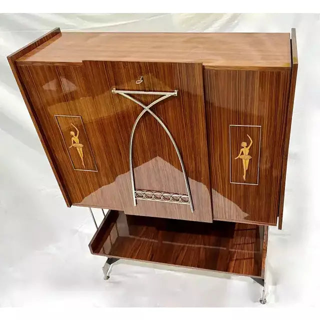 1960s Vittorio Dassi Italian Bar Cabinet with Drop Down Table and Pink Interior