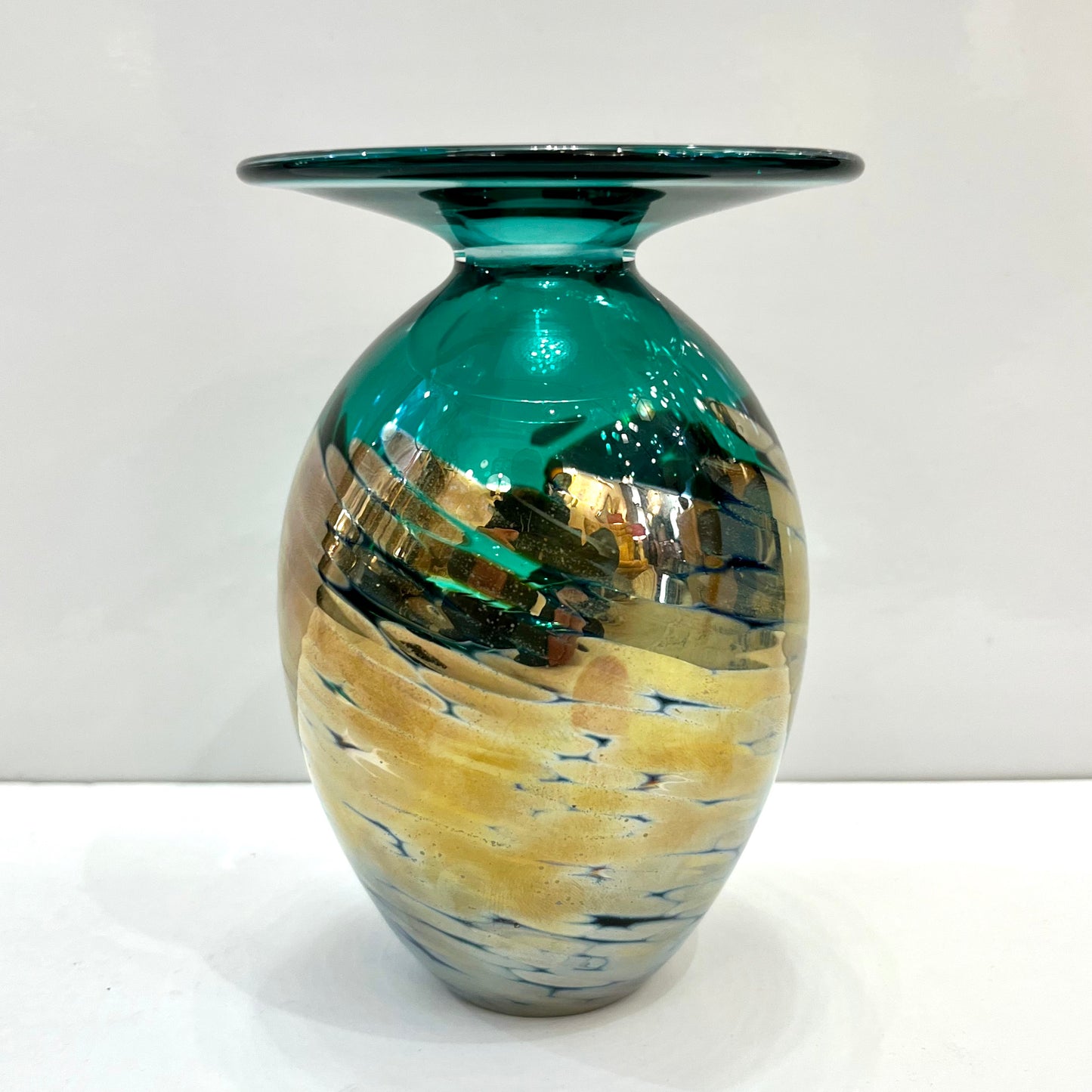 1991 Italian Murano Art Glass Green Gold Sommerso Single Flower Oval Vase