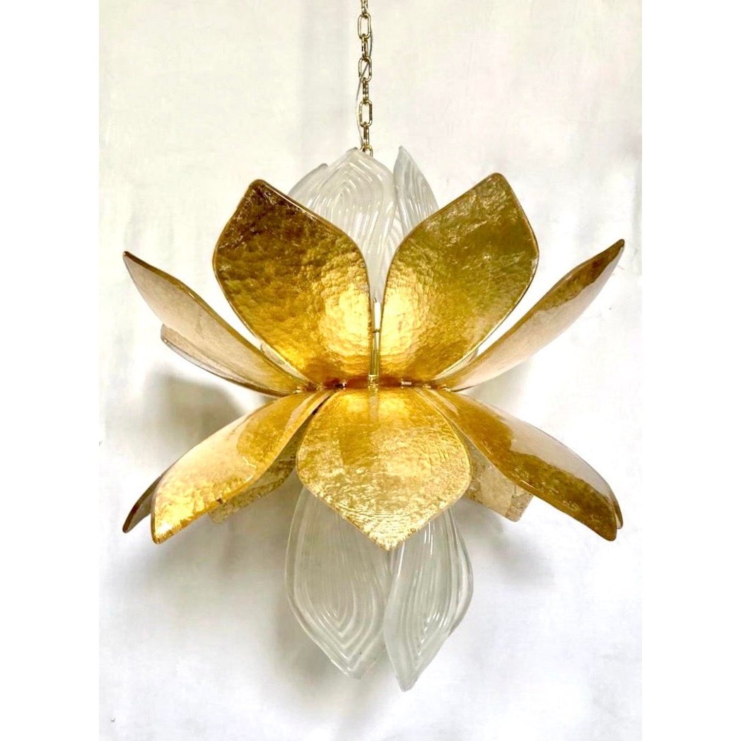 Contemporary Italian Brass Gold Leaf Murano Glass Flower Chandelier Pendant