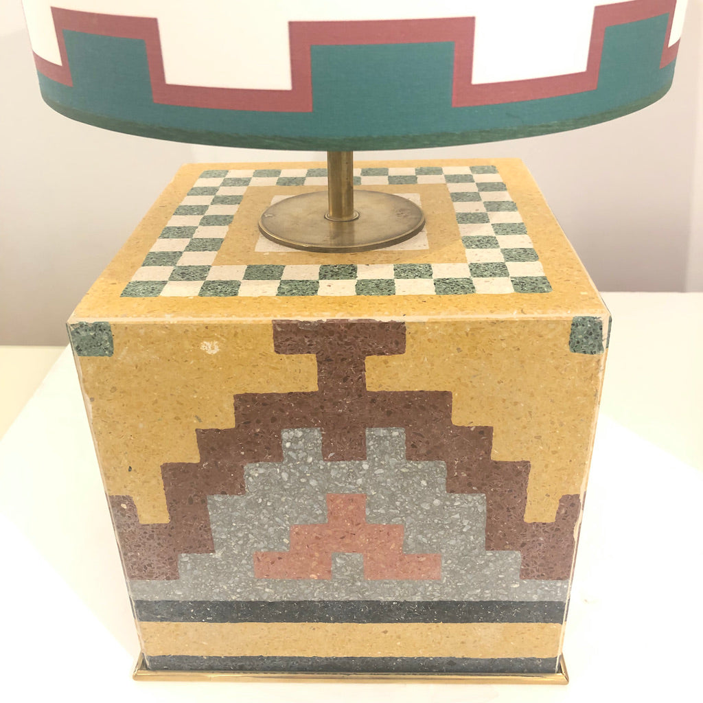 Vintage Pair of Italian Mosaic Cement Tile Cube Lamps with Custom Shades
