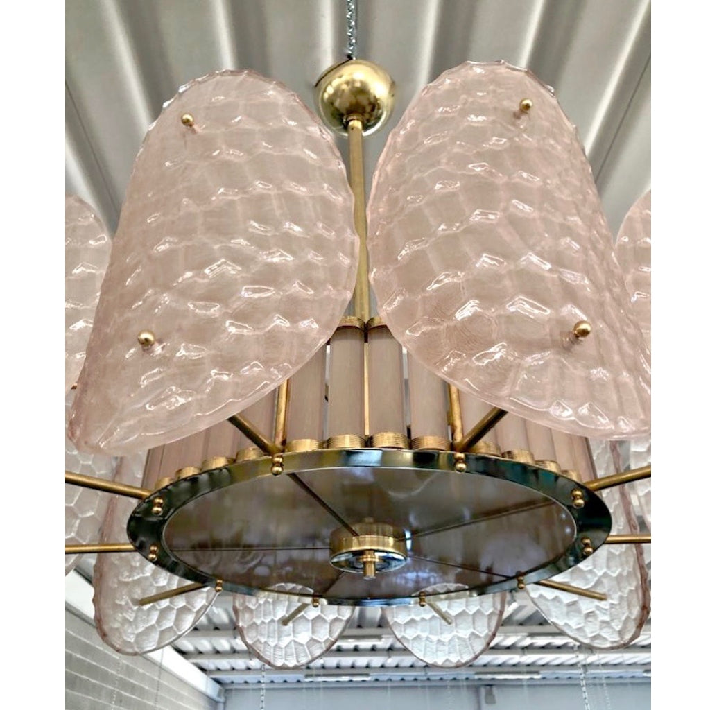 Bespoke Italian Crystal Rose Pink Murano Glass Brass Chandelier / Flushmount