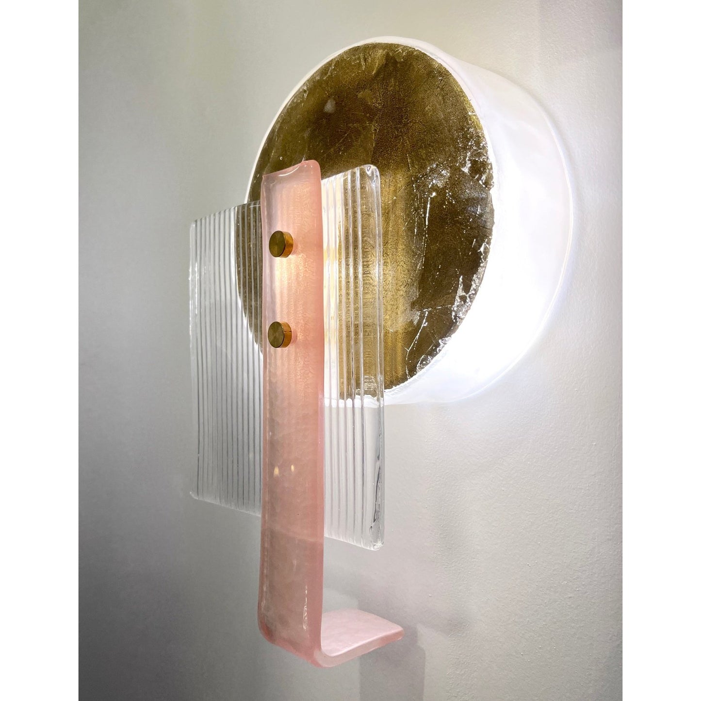Italian Pair of Art Deco Style Textured Gold Pink & Crystal Murano Glass Sconces