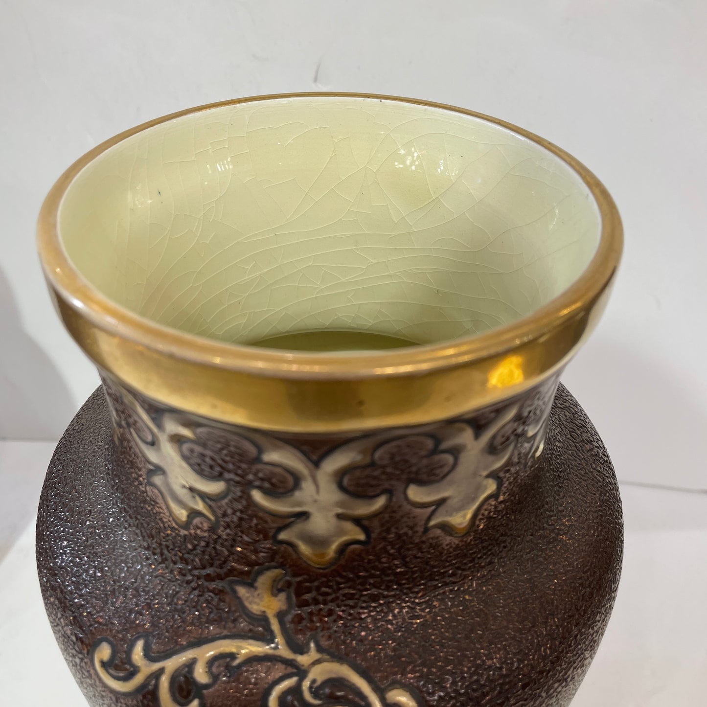 1880 Gien French Faience Pair Majolica Gold & Brown Vases with Armored Knights