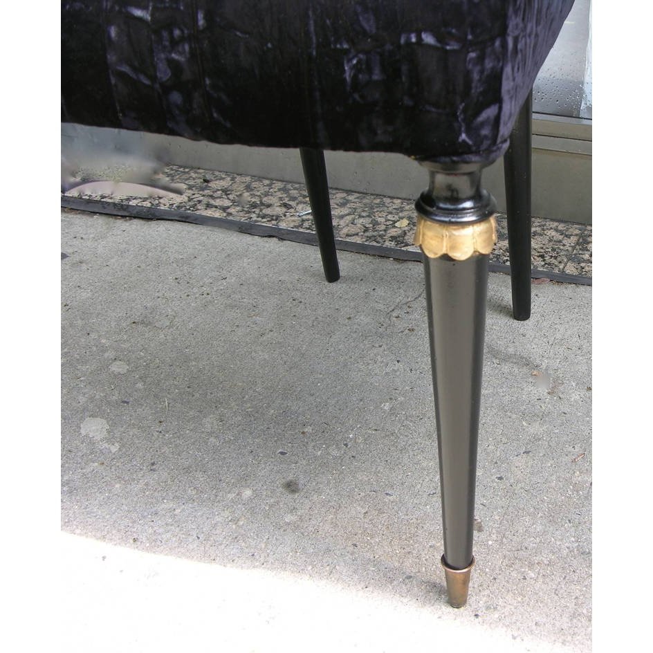 1940s Italian Late Art Deco Pair Gilded Black Lacquered Chairs in Black Velvet