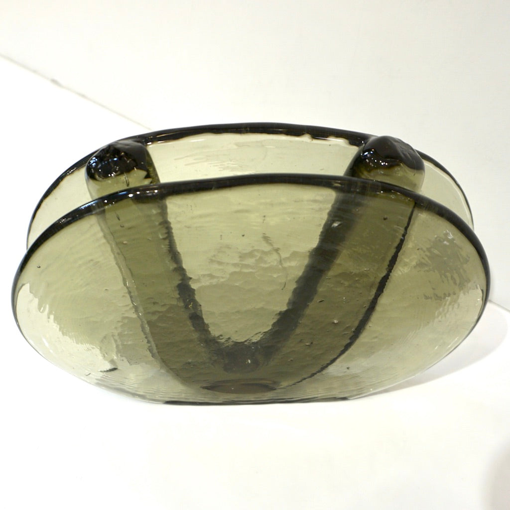1970s Vintage Abstract Italian Smoked Green Murano Glass Oval Flower Vase