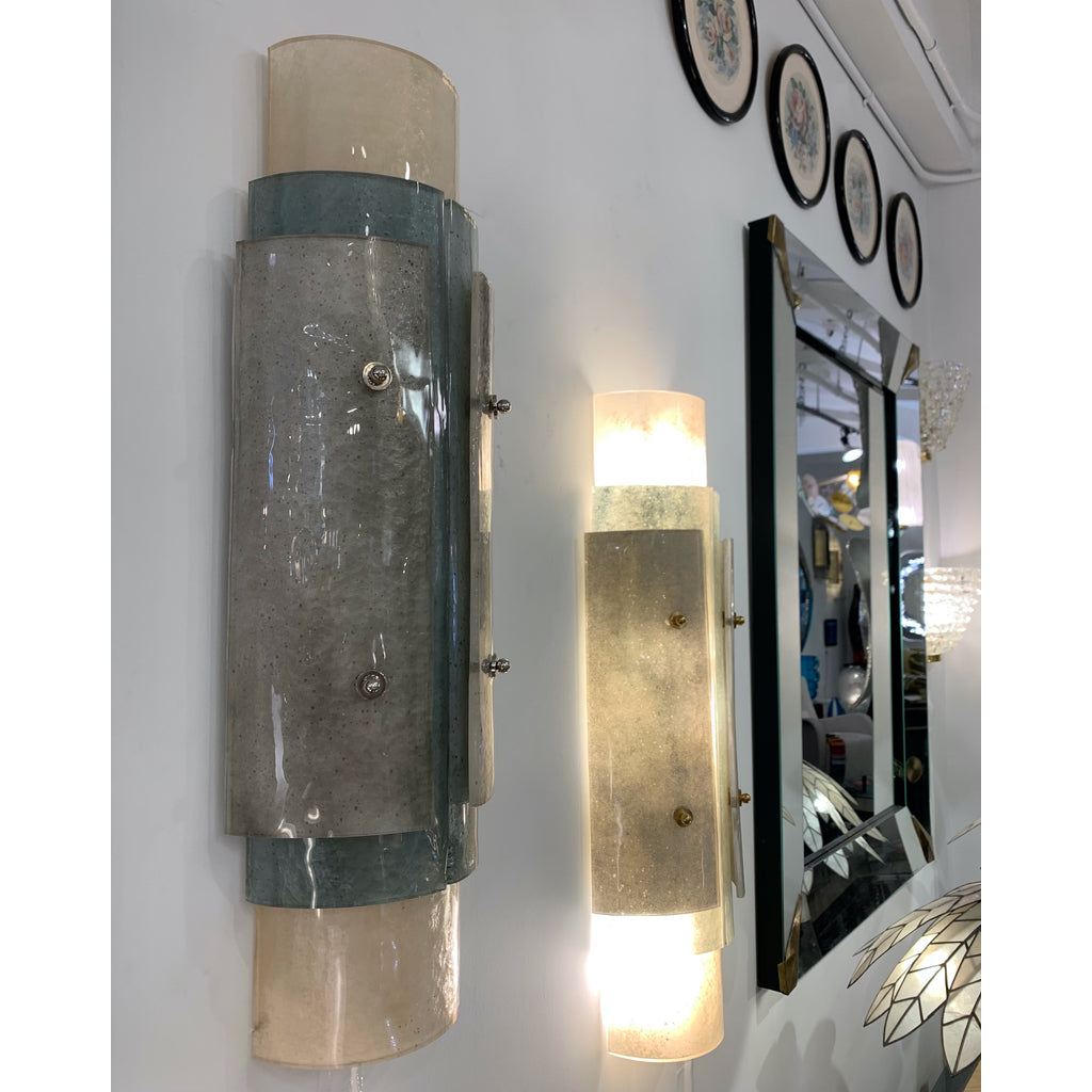 Contemporary Italian White Blue Grey Frosted Murano Glass Nickel Wall Lights