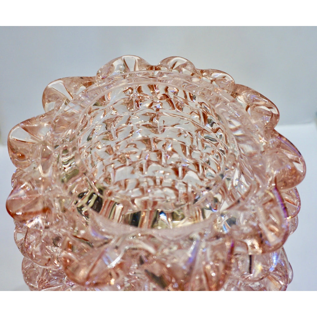 1980s Vivarini Italian Large Vintage Pink Rostrato Spike Murano Glass Ovoid Vase