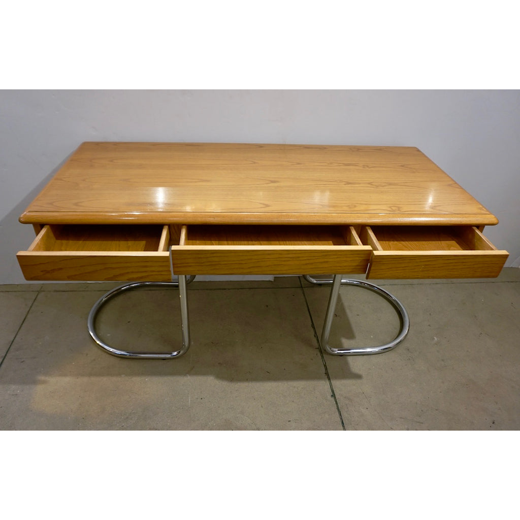 1970s Italian Vintage Curved Nickel Legs 3-Drawer Ash Tree Center Desk/Console