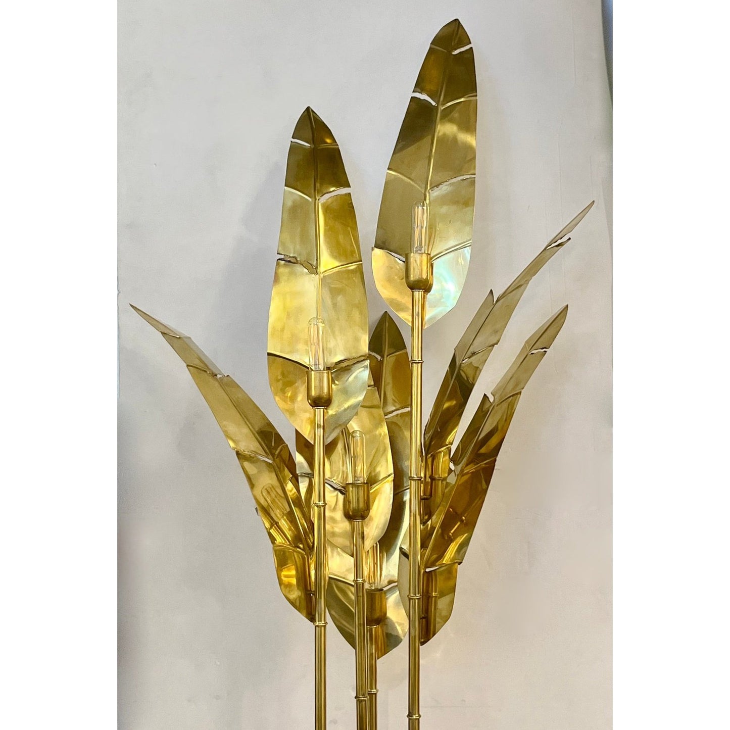 Contemporary Italian Art Deco Design Palm Tree Pair of 7-Leaf Brass Floor Lamps