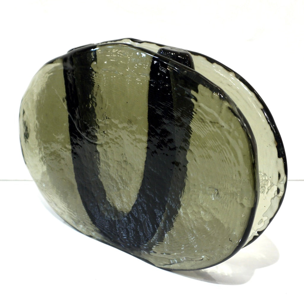 1970s Vintage Abstract Italian Smoked Green & Black Murano Glass Oval Flower Vase