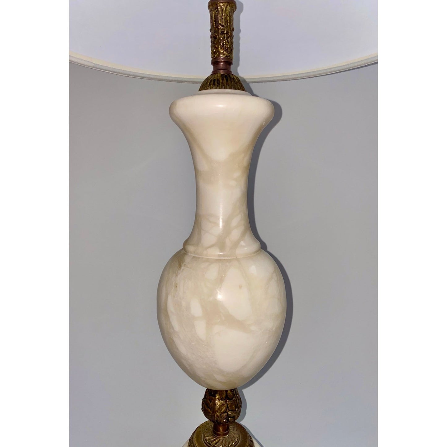 French Antique Art Deco Urn-Shape Chased Bronze White Marble Lamp & Linen Shade