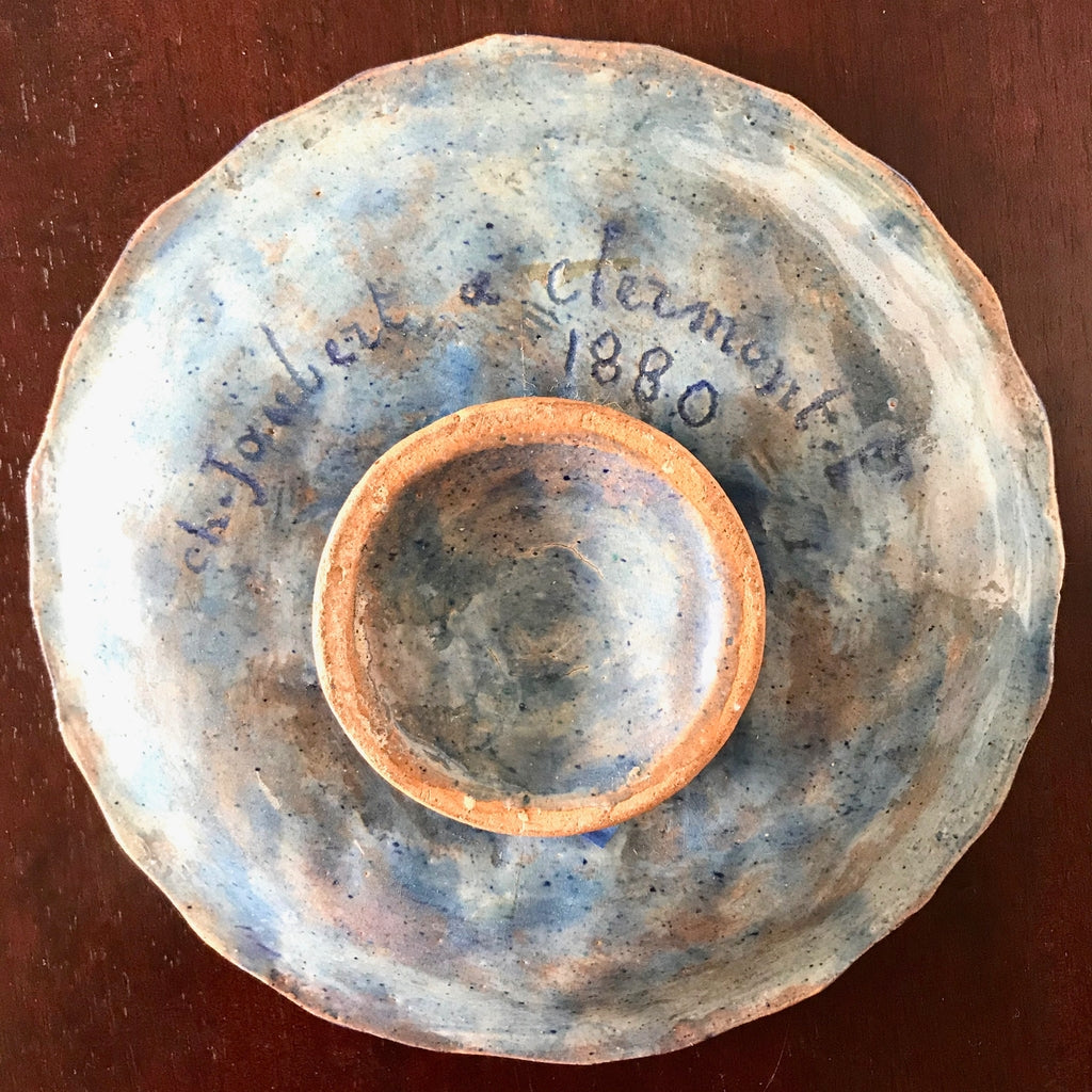 1880 French Country Pair of Navy Blue Edged Folk Art Majolica Decorative Plates