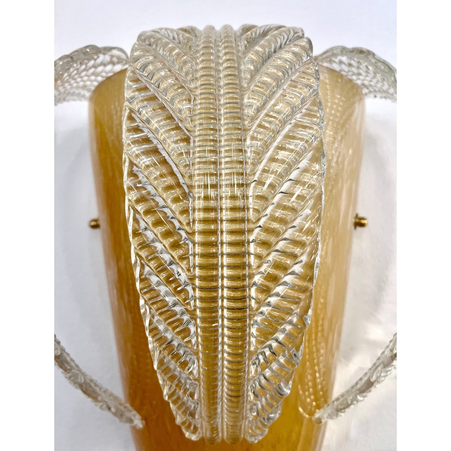 Italian Vintage Pair of Sconces in Amber Gold Glass with Hanging Crystal Leaves