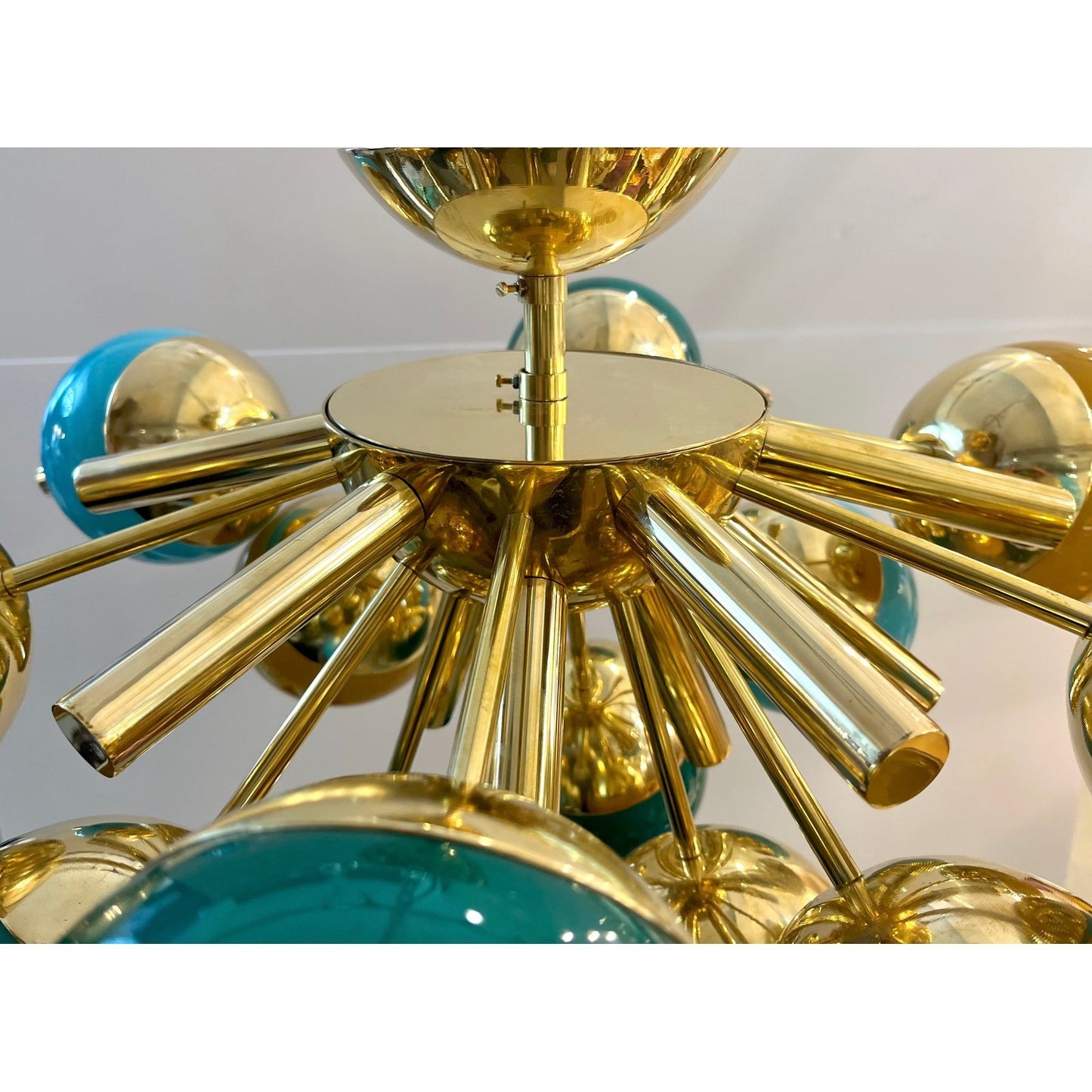 Custom Italian Green Turquoise Gold Murano Glass Brass Sputnik Globe Flush Mount
