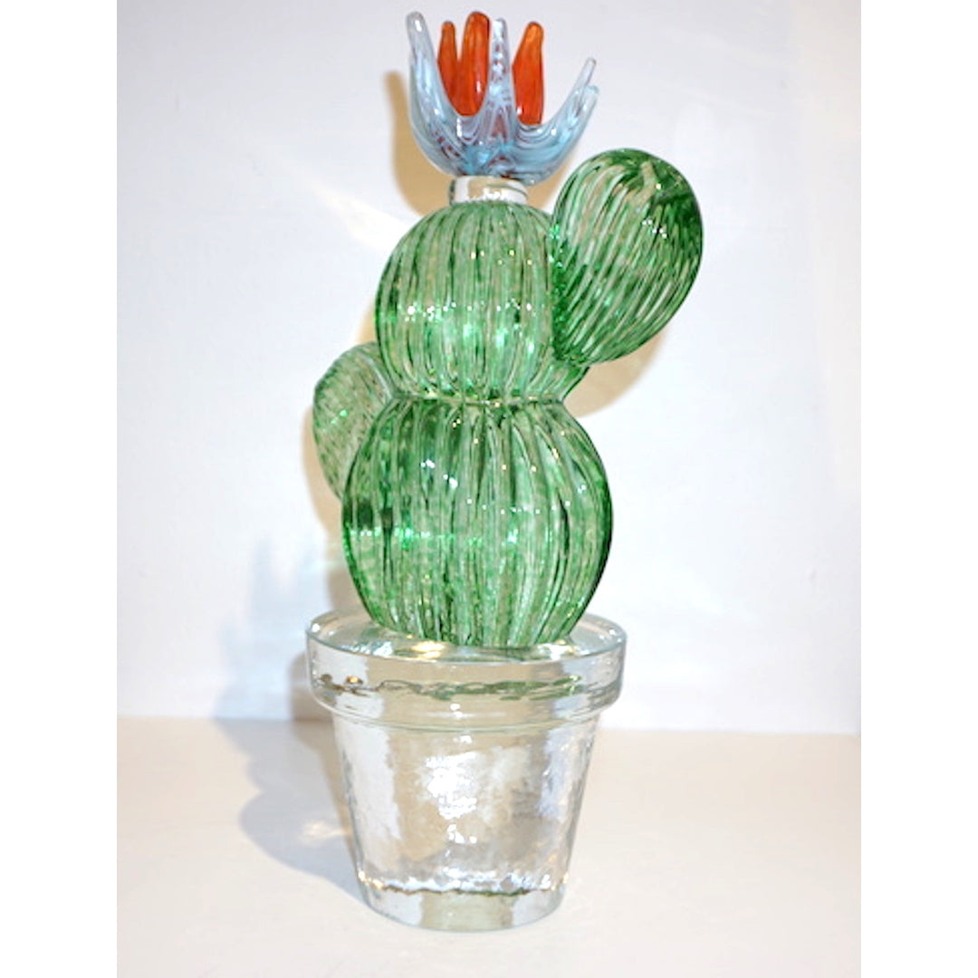 1990s Marta Marzotto Vintage Murano Glass Green Cactus Plant & Blue Coral Flower