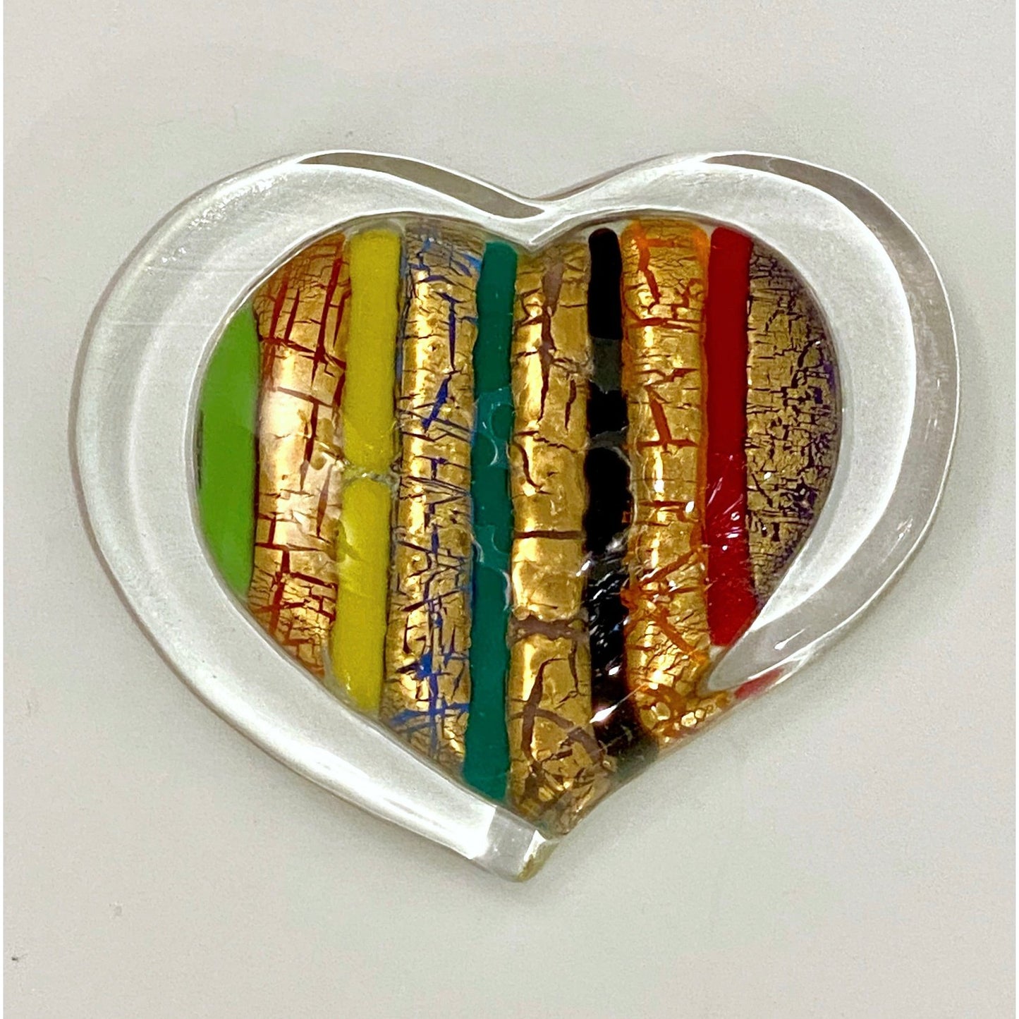 Bespoke Italian Crystal Green Gold Red Murano Glass Heart Shaped Paperweight