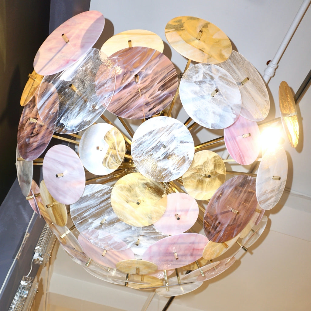 Contemporary Italian Yellow White Rose Pink Murano Glass Oval Sputnik Flushmount