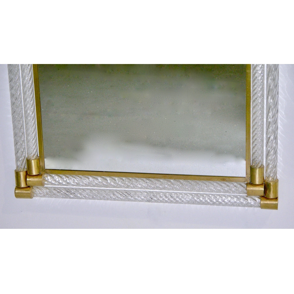 Italian Double Frame Twisted Crystal Murano Glass Mirror with Gold Brass Accents