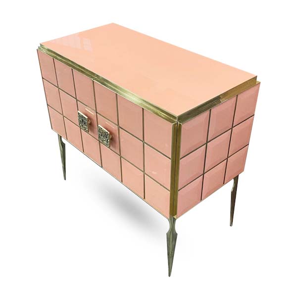 Modern Italian Custom Art Deco Style Royal Pink Glass Brass Edged Cabinet /Bar