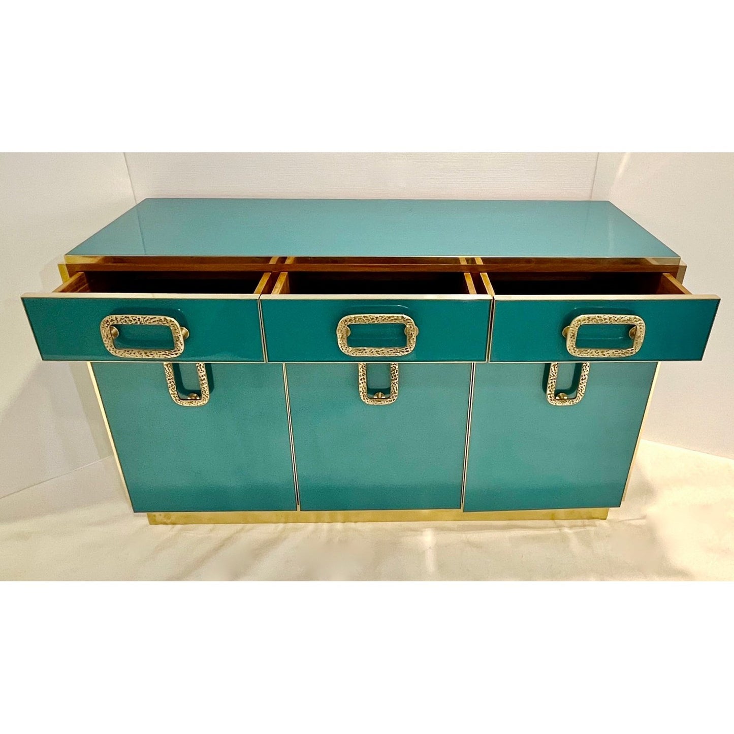 Bespoke Italian Art Design Brass Metallic Emerald Blue Glass Dresser Sideboard
