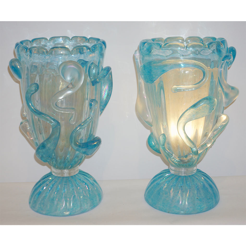 1970 Italian Modern Pair of Vintage Aquamarine Sea Blue Murano Glass Table Lamps