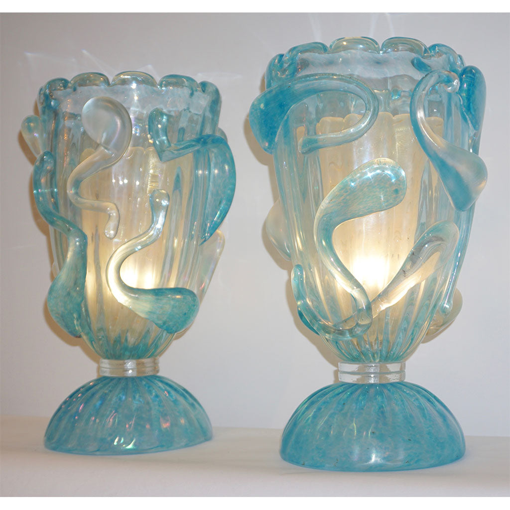 1970 Italian Modern Pair of Vintage Aquamarine Sea Blue Murano Glass Table Lamps